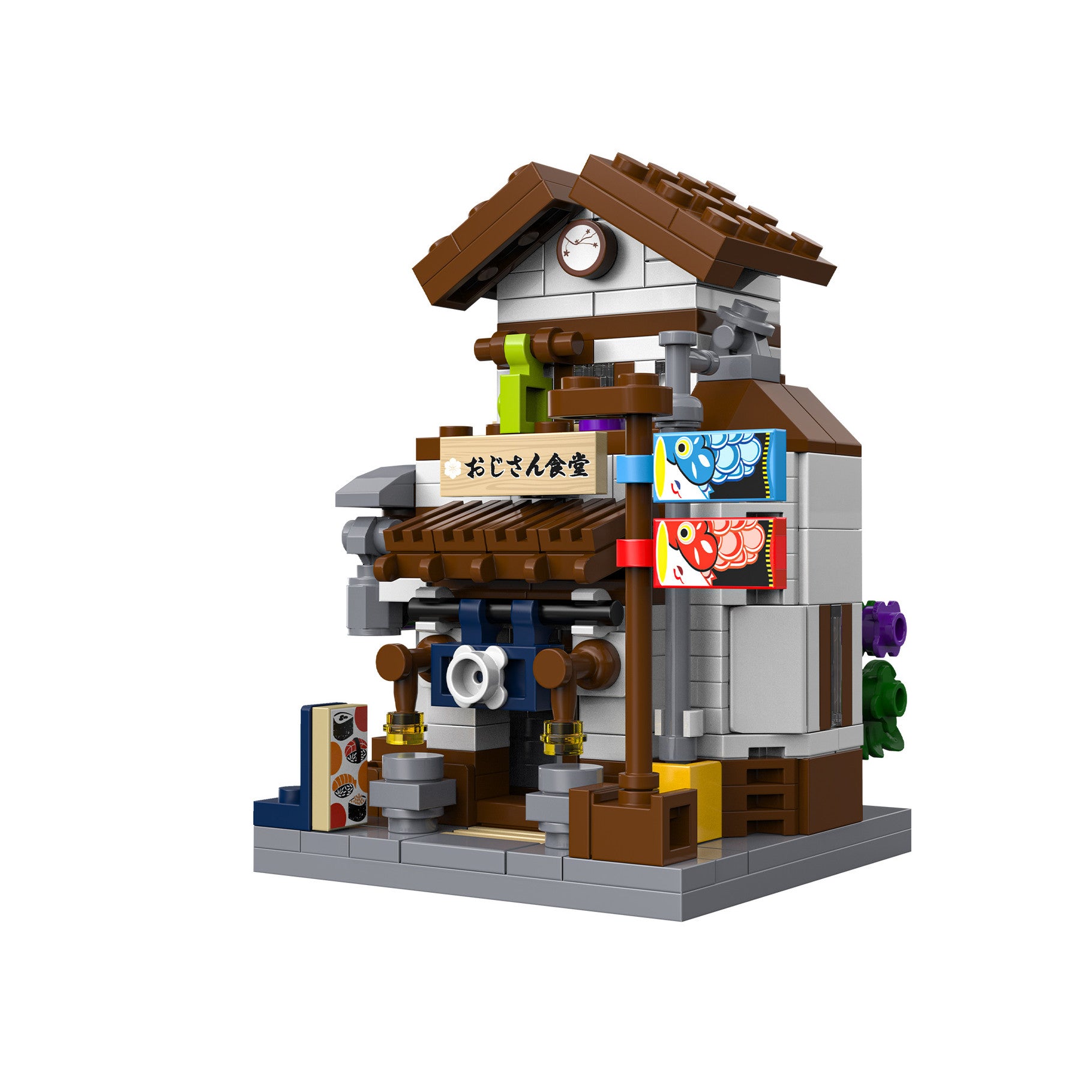 A small Japanese brick model building-block structure resembling a Japanese-style house or shop, shown on a plain white background.