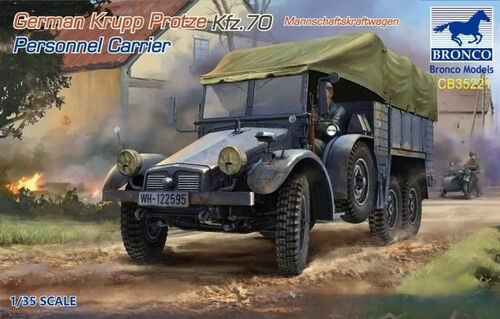 Model of a German Krupp Protze Kfz.70 Personnel Carrier with Bronco Models branding.