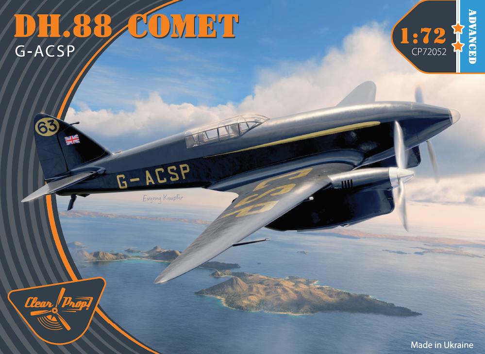Model of a DH.88 Comet airplane with branding and product details on a scenic background.