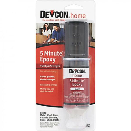 Devcon 5 Minute Epoxy packaging with clear epoxy bottle on a white background