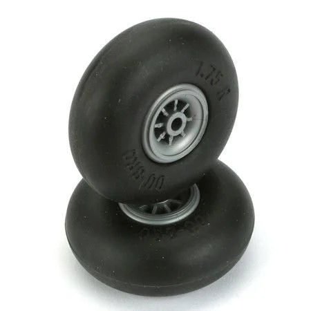 Two black wheels with grey hubs on a white background