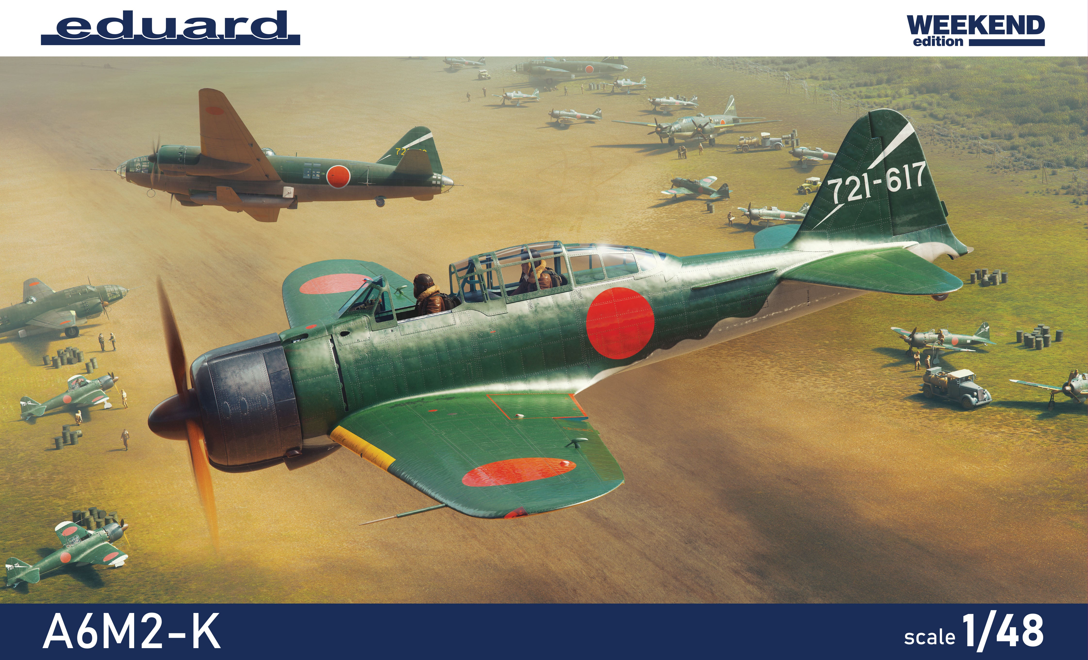 Model airplane kit of A6M2-K with 'eduard' branding and 'Weekend edition' text.