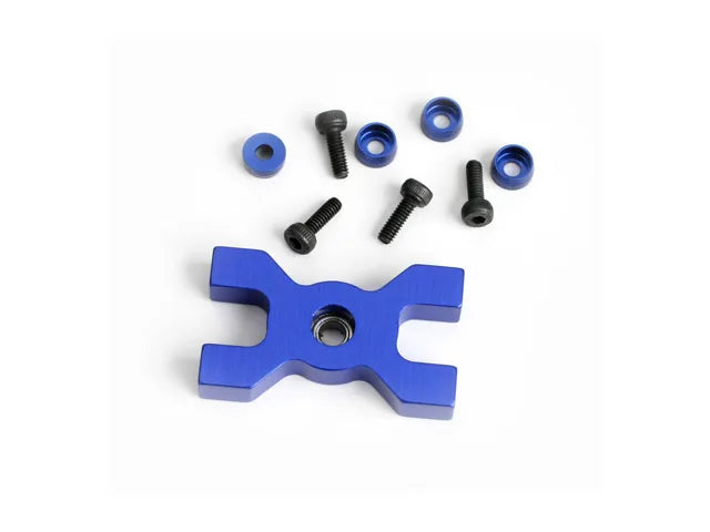 A blue anodized metal X-shaped bracket with a central hole, shown with several black screws and blue washers on a plain white background.