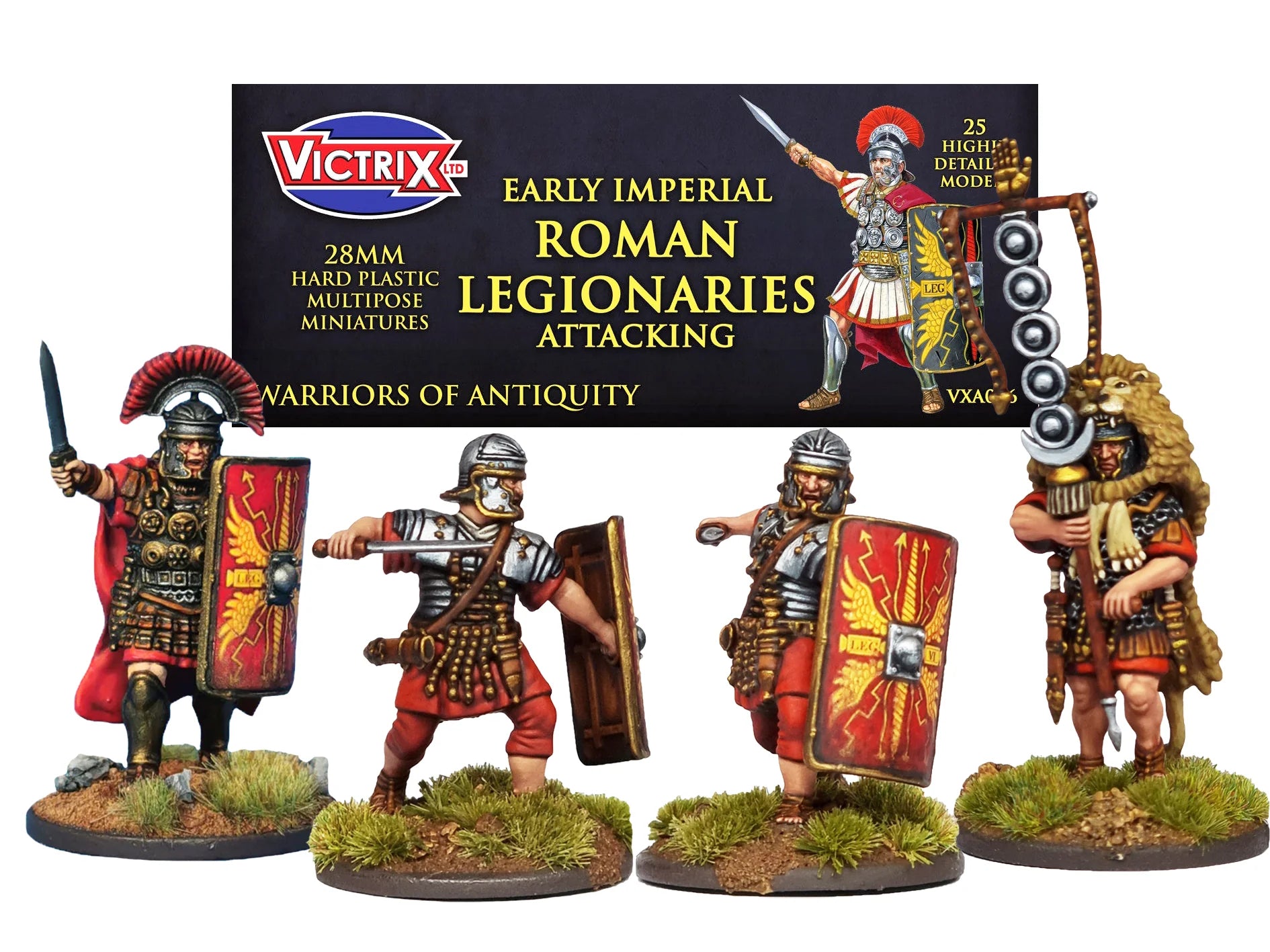 Miniature figures of Roman legionaries with Victrix packaging in the background