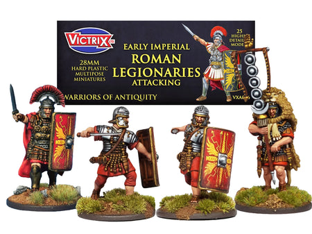 Miniature figures of Roman legionaries with Victrix packaging in the background