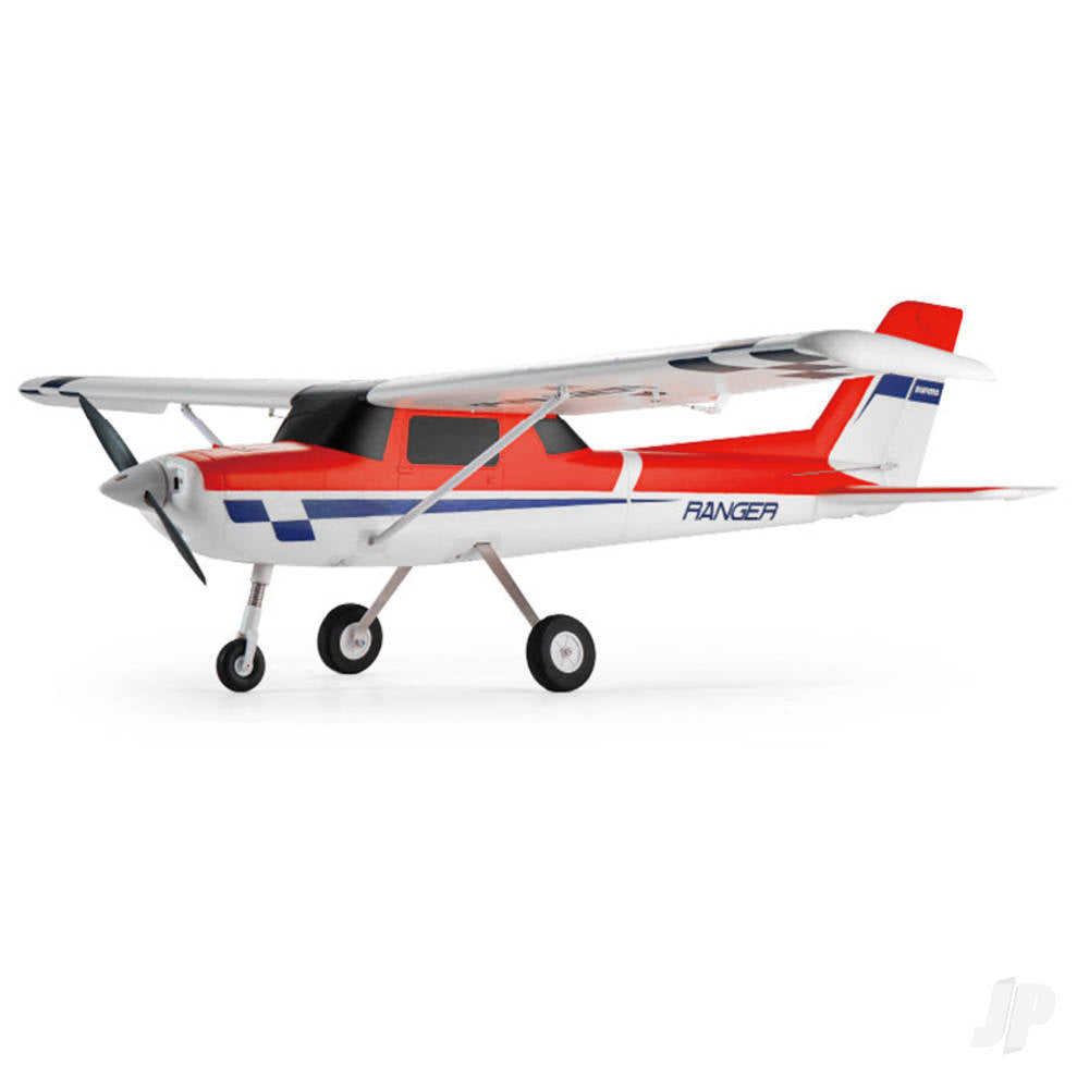 Red and white Ranger model airplane ready to fly
