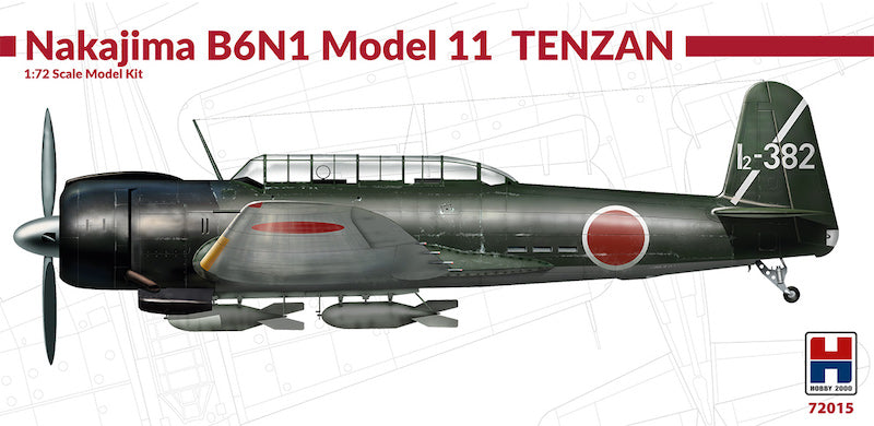 Front cover of a Hasegawa 1:72 scale model kit for the Nakajima B6N1 Model 11 Tenzan fighter plane, showing a side profile illustration of the aircraft in olive drab and black with Japanese markings.