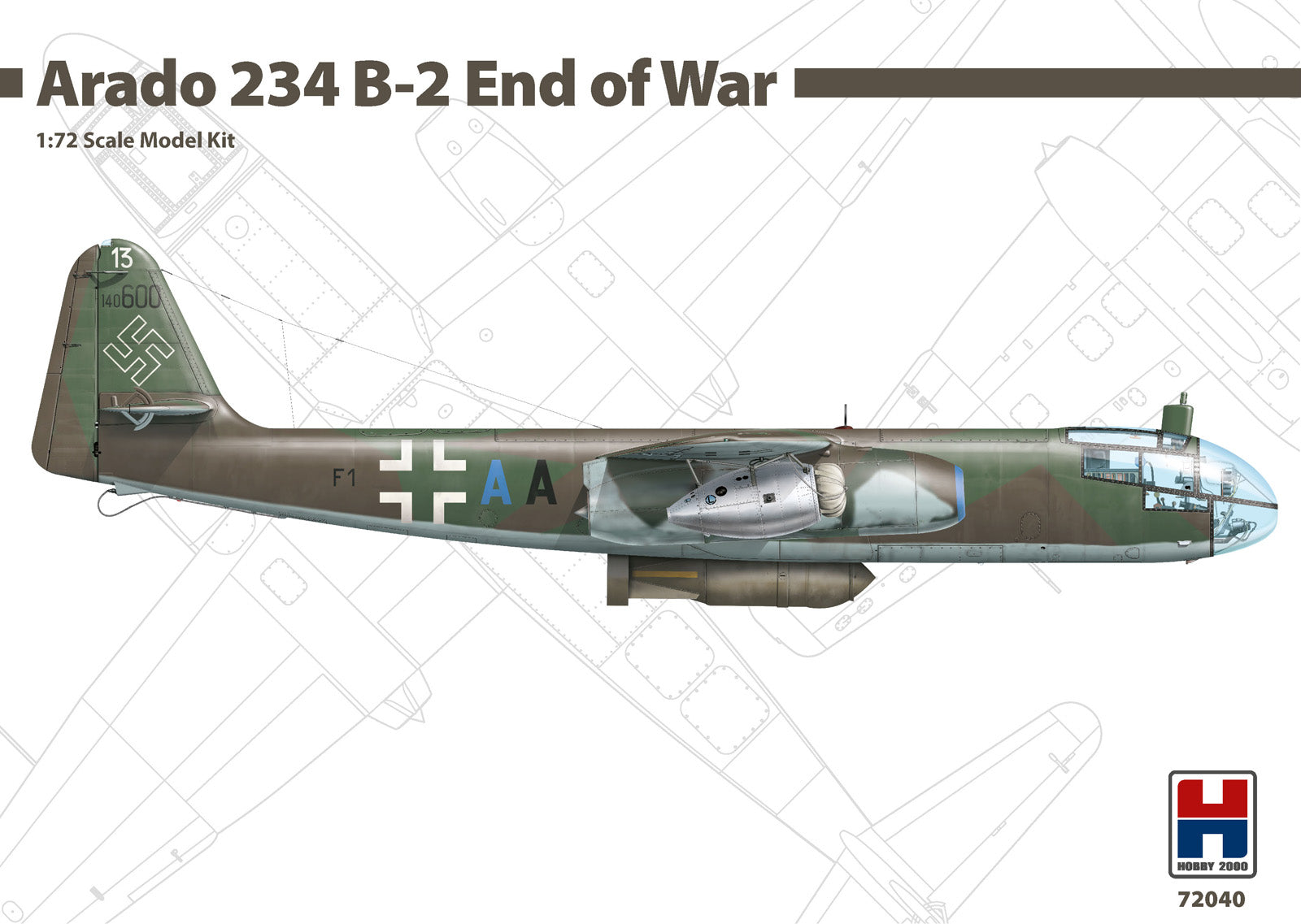 Front cover of a Hobby 2000 1:72 scale model kit for the Arado 234 B-2 End of War, showing a detailed side profile of the aircraft in camouflage with German insignia markings.