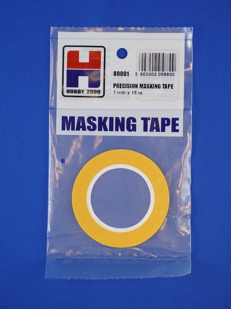 Packaged masking tape with a visible brand label on a blue background
