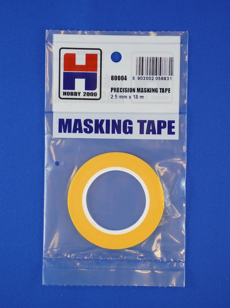 Packaged masking tape with a clear label on a blue background