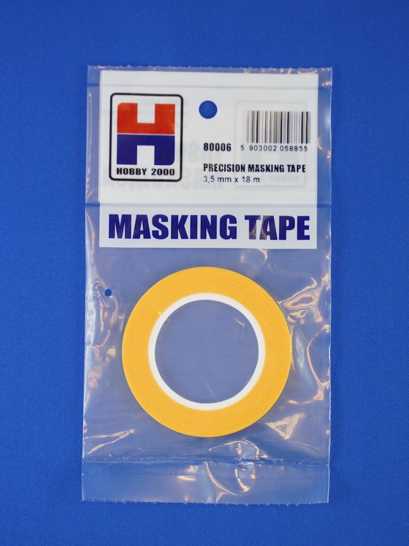 Packaged masking tape with a visible brand label on a blue background