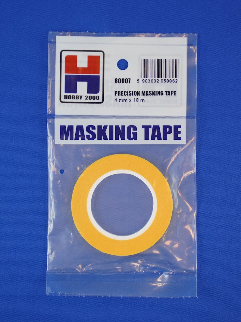 Packaged masking tape with a visible brand label on a blue background