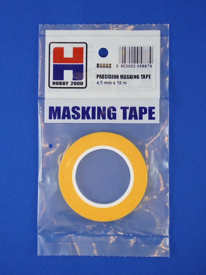 Packaged masking tape with a visible brand label on a blue background
