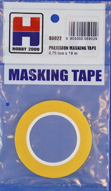 Hobby 2000 precision masking tape in a clear plastic package with a blue backing card. The tape itself is yellow with a white inner ring, and the package features a white top label with a barcode and the Hobby 2000 logo.