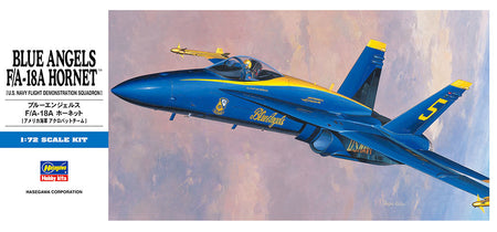 Model kit box for Blue Angels F/A-18A Hornet with airplane illustration on a white background