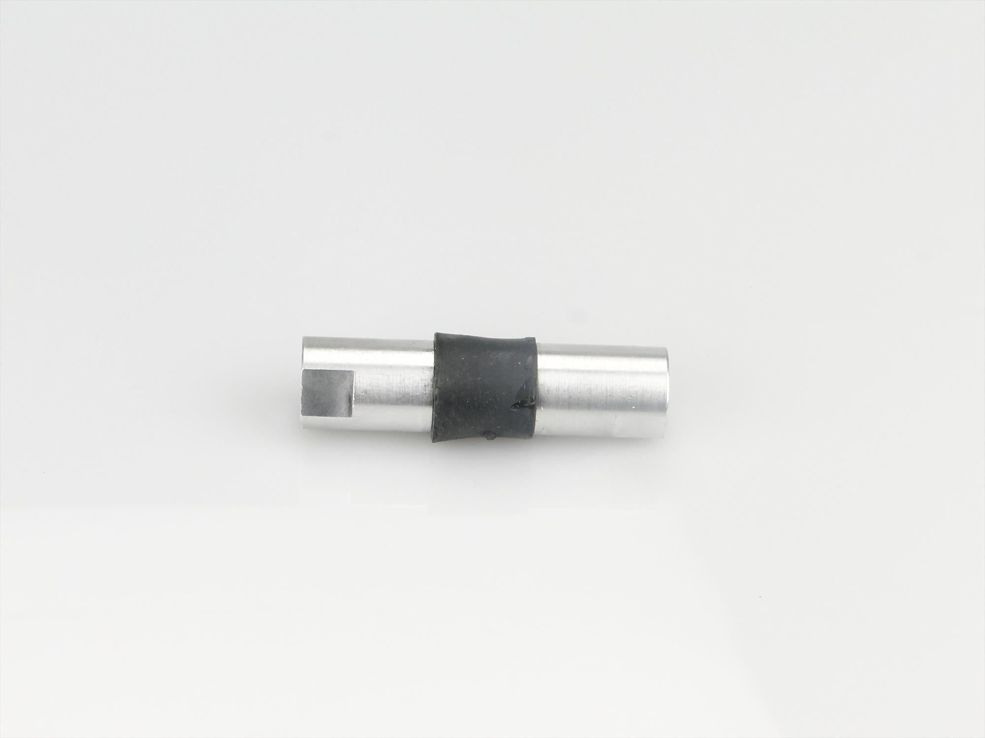 A silver heavy duty universal joint with a black rubber or foam band wrapped around the middle, shown on a plain light gray background.