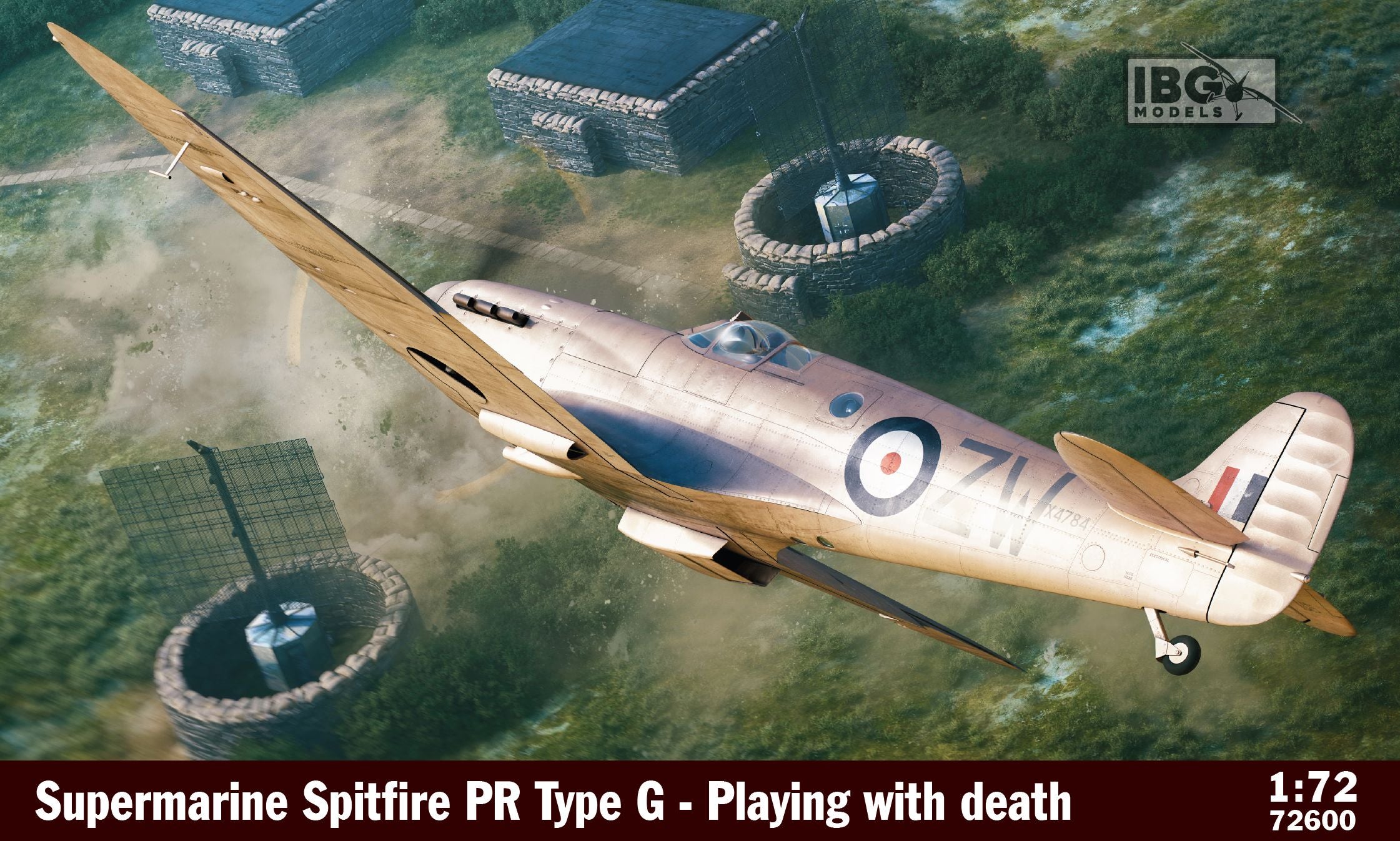 A 1:72 scale model kit cover for a Supermarine Spitfire PR Type G fighter plane, shown flying over a detailed military base. The product is branded by IBG Models.