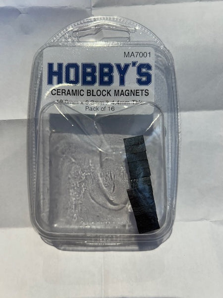 Packaged ceramic block magnets with 'Hobby's' branding on a white background