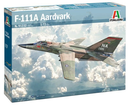 Model kit box for F-111A Aardvark aircraft by Italeri with a fighter jet on the cover against a cloudy sky.