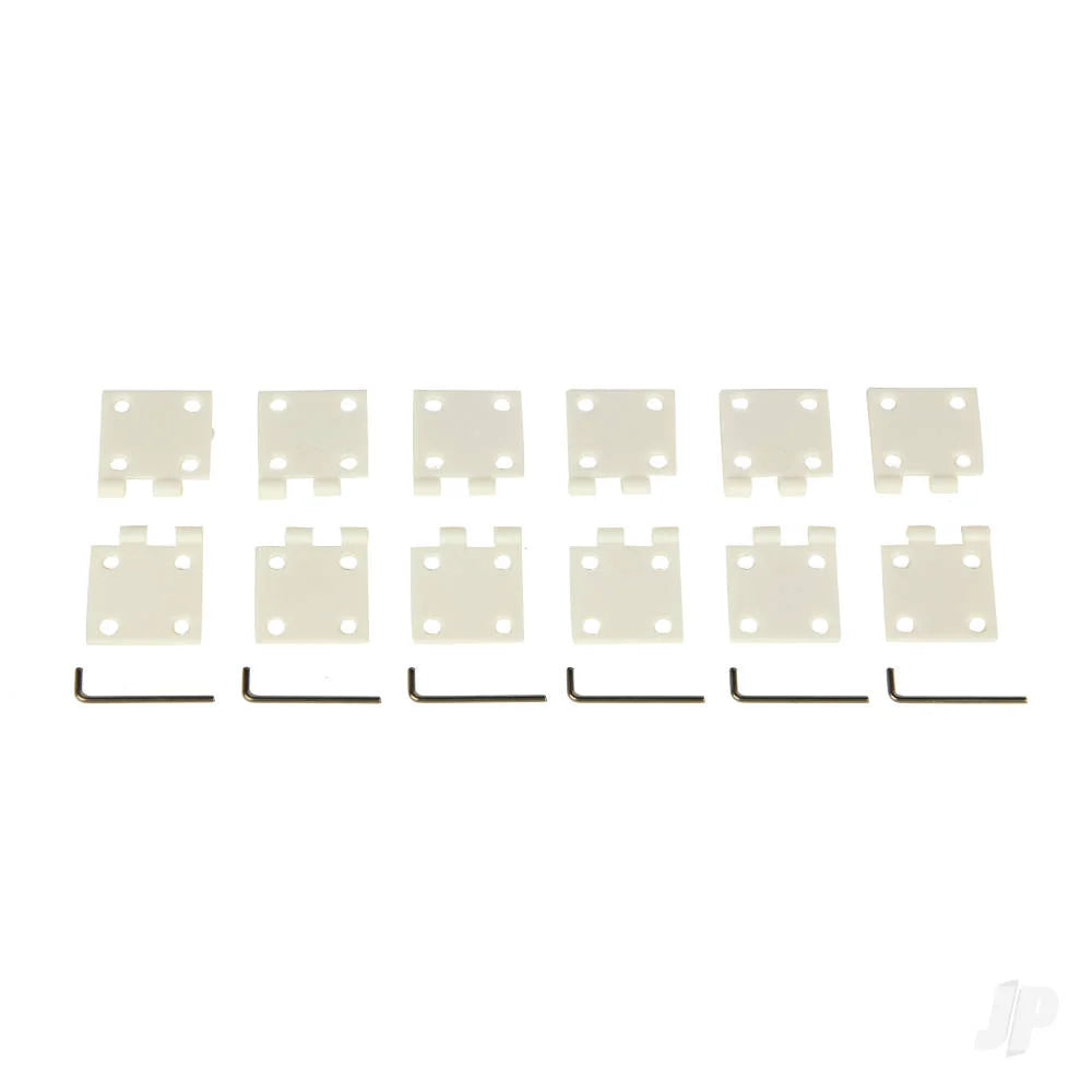 A set of 6 large metal pin hinges  on a plain white background.