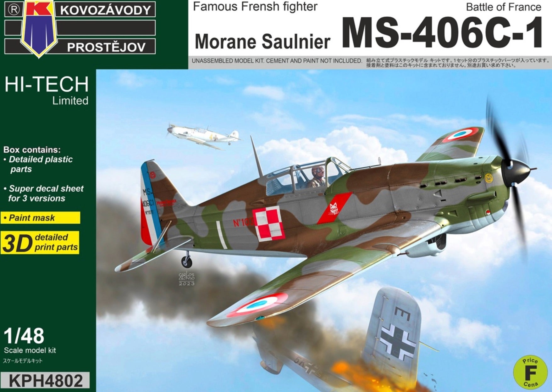 Model airplane kit box for Morane Saulnier MS-406C-1 with detailed graphics and text.
