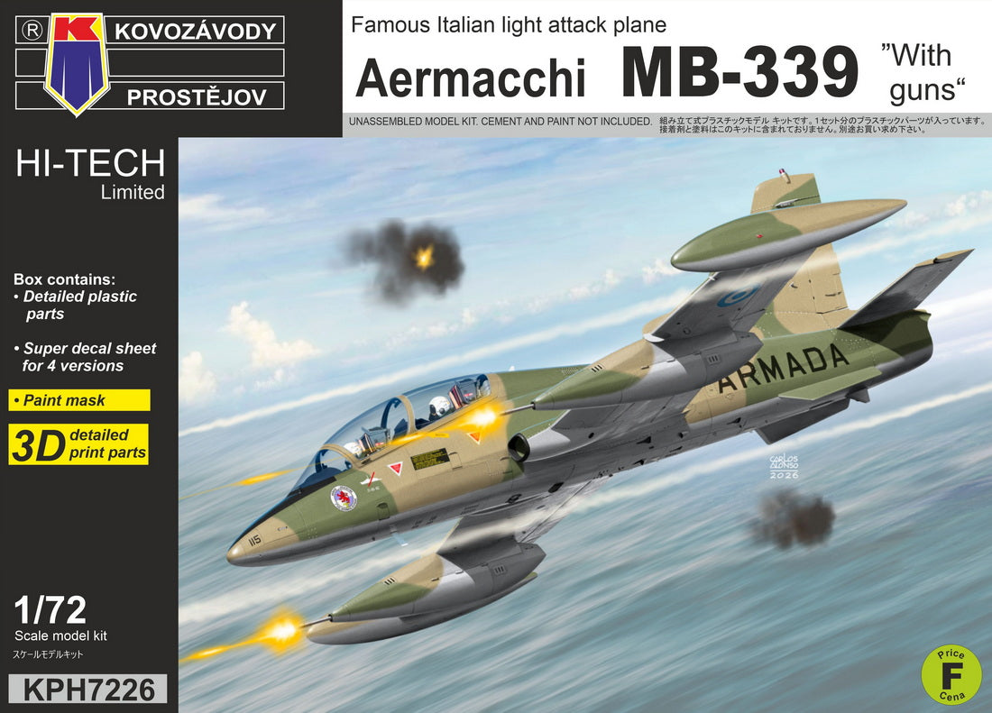 Model kit packaging of Aermacchi MB-339 aircraft with Kovoázovády logo.