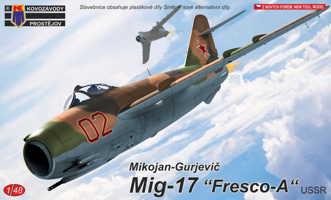 Model kit of a Mig-17 Fresco-A airplane with clouds in the background