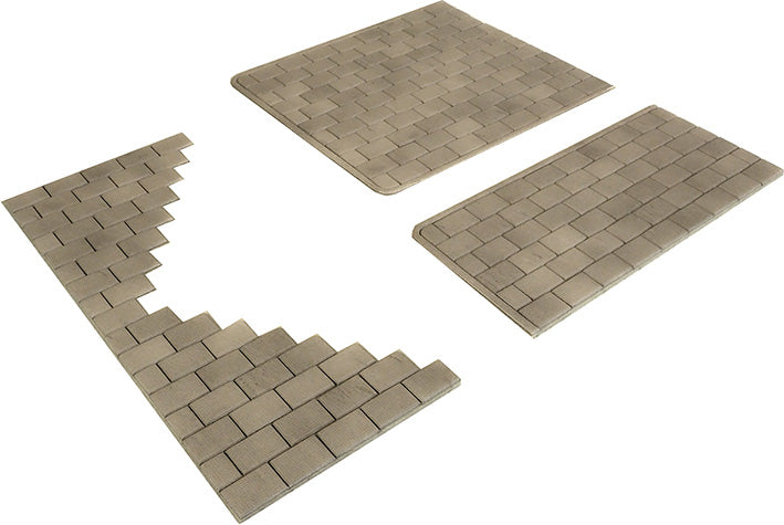 Three beige card sections resembling stone paving slabs  on a white background 