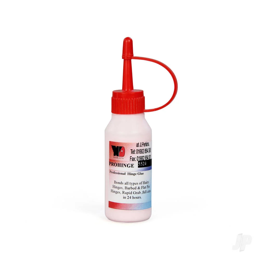 A small white plastic bottle of WP ProHinge Professional Hinge Glue with a red cap, red carrying loop, and a white label with red and blue text, shown on a white background.