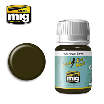 Ammo Mig Jimenez panel line wash bottle with NEUTRAL BROWN paint swatch on a white background