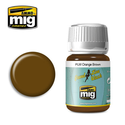 Mig Jimenez panel line wash bottle with orange  brown color swatch on a white background