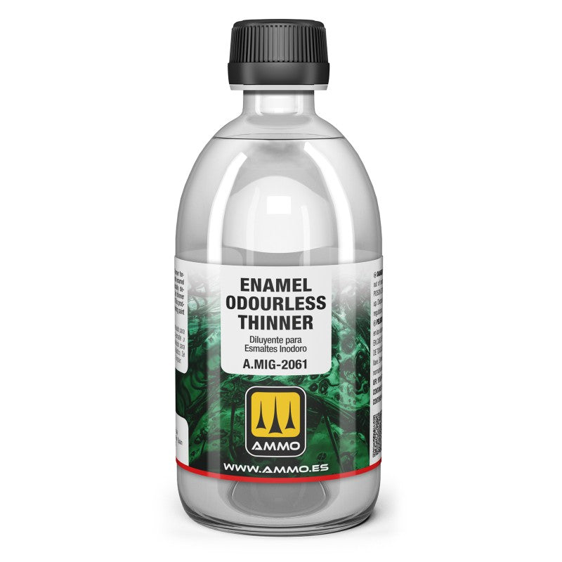 Clear bottle of Ammo enamel odourless thinner with a black cap on a white background