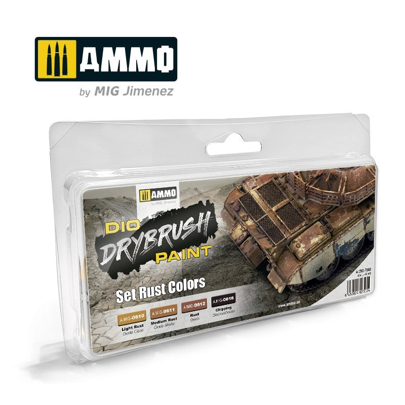 Packaged drybrush paint set for model painting with AMMO by MIG Jimenez branding.