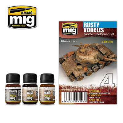 Ammo Mig model weathering kit packaging and contents shown on a white background, including three small bottles labeled staining, wash, and rinse, plus the box art for a rusty vehicles enamel weathering set.