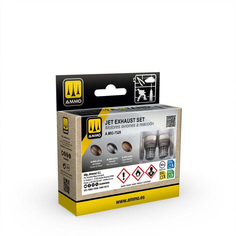 Ammo JET EXHAUST SET A-MG-1738 in retail packaging, featuring a tan and black box with yellow accents and product images of two exhaust nozzles.