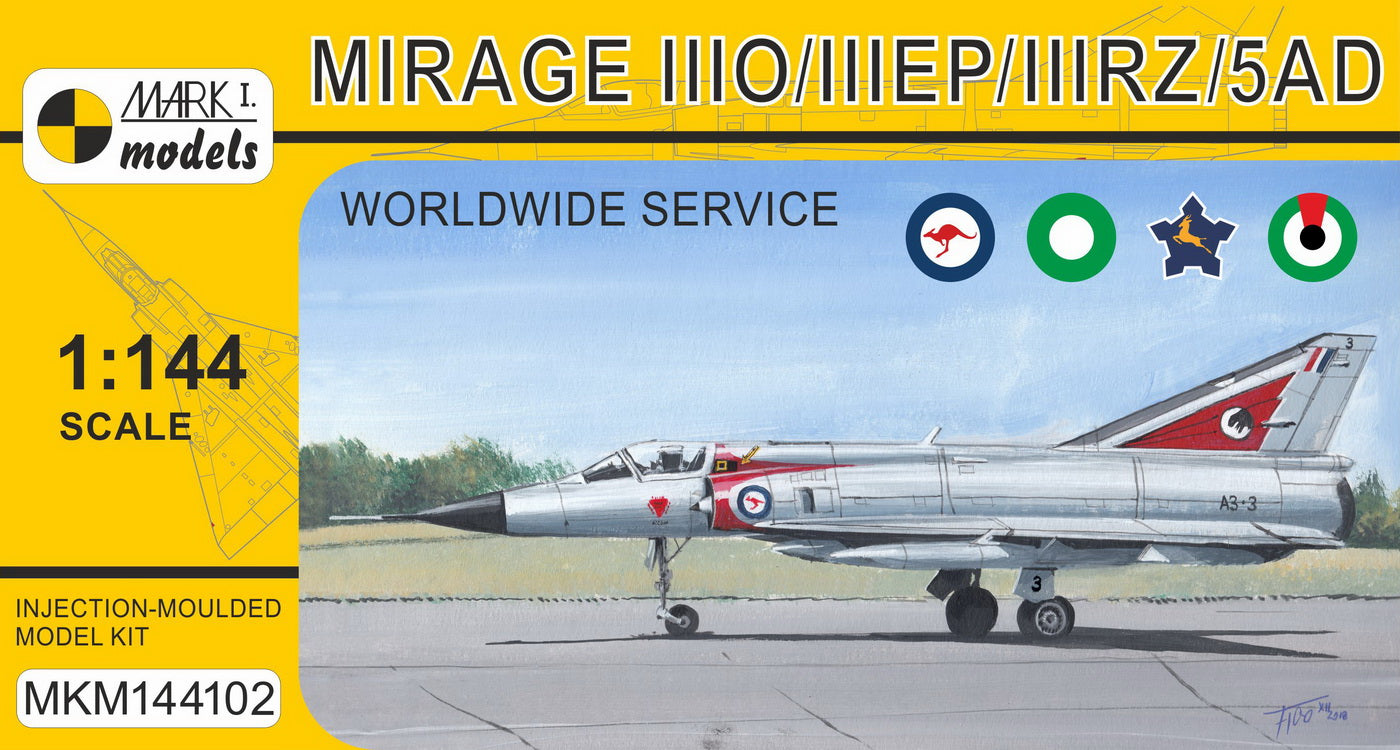 Model kit packaging of a Mirage III aircraft with branding and specifications.