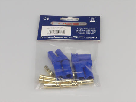 Packaged blue and gold connectors with Logic RC branding on a grey background