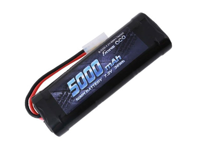 A 5000 mAh 7.2V NiMH  battery with a black casing and a red, black, and white connector wire, shown on a plain white background.