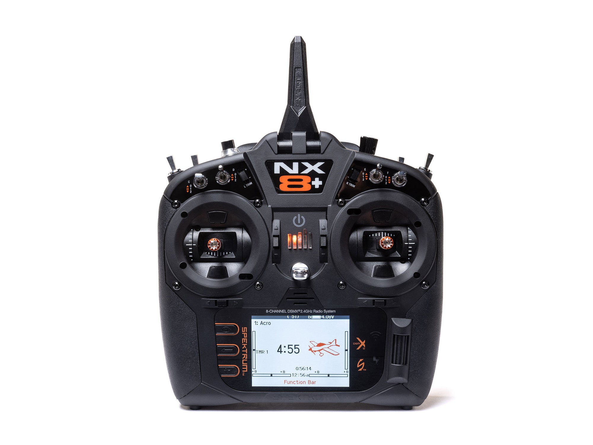 Black NX8+ remote control transmitter on a white background