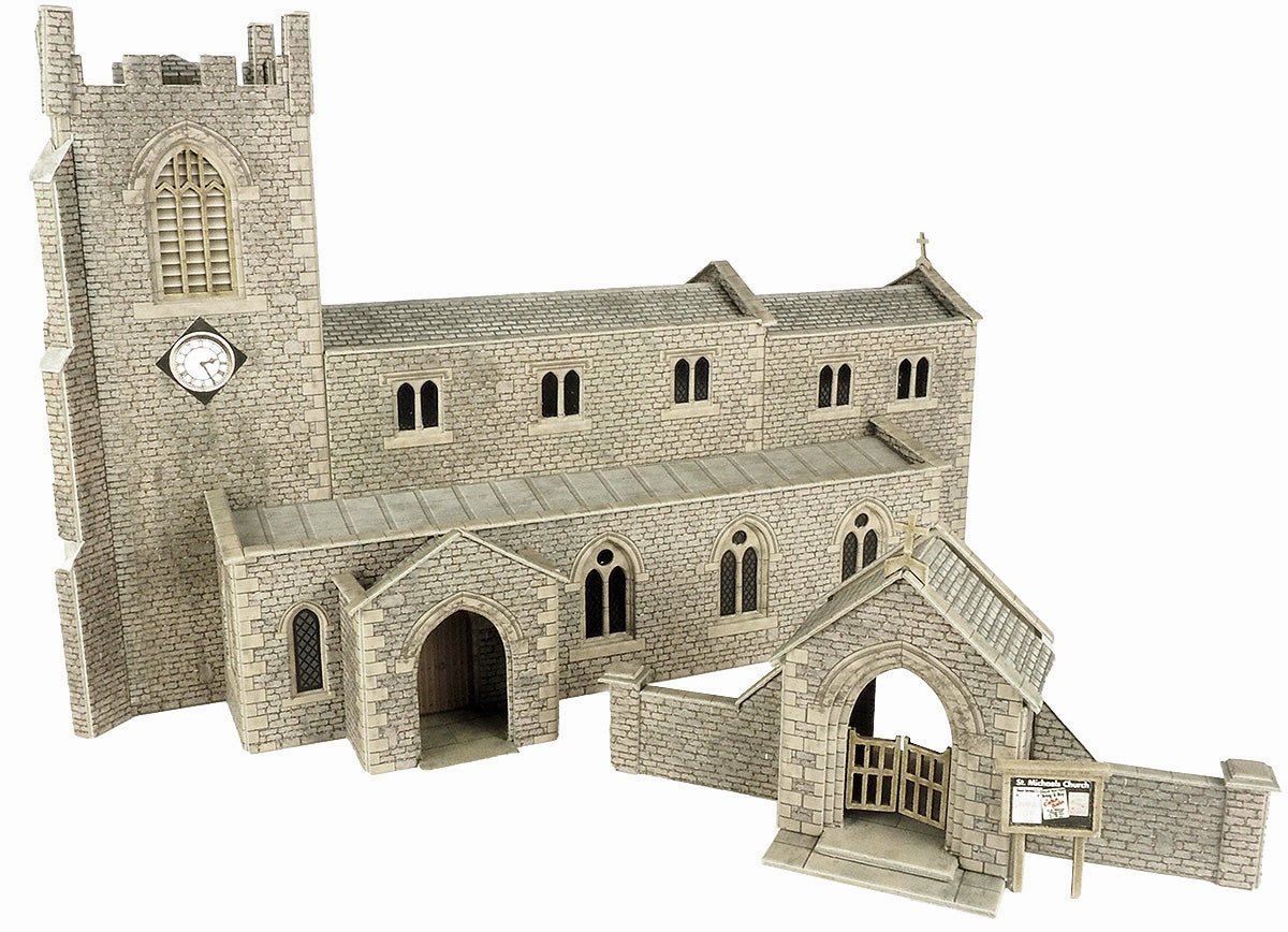 Model of a stone church with Lych gate  with clock tower on a white background