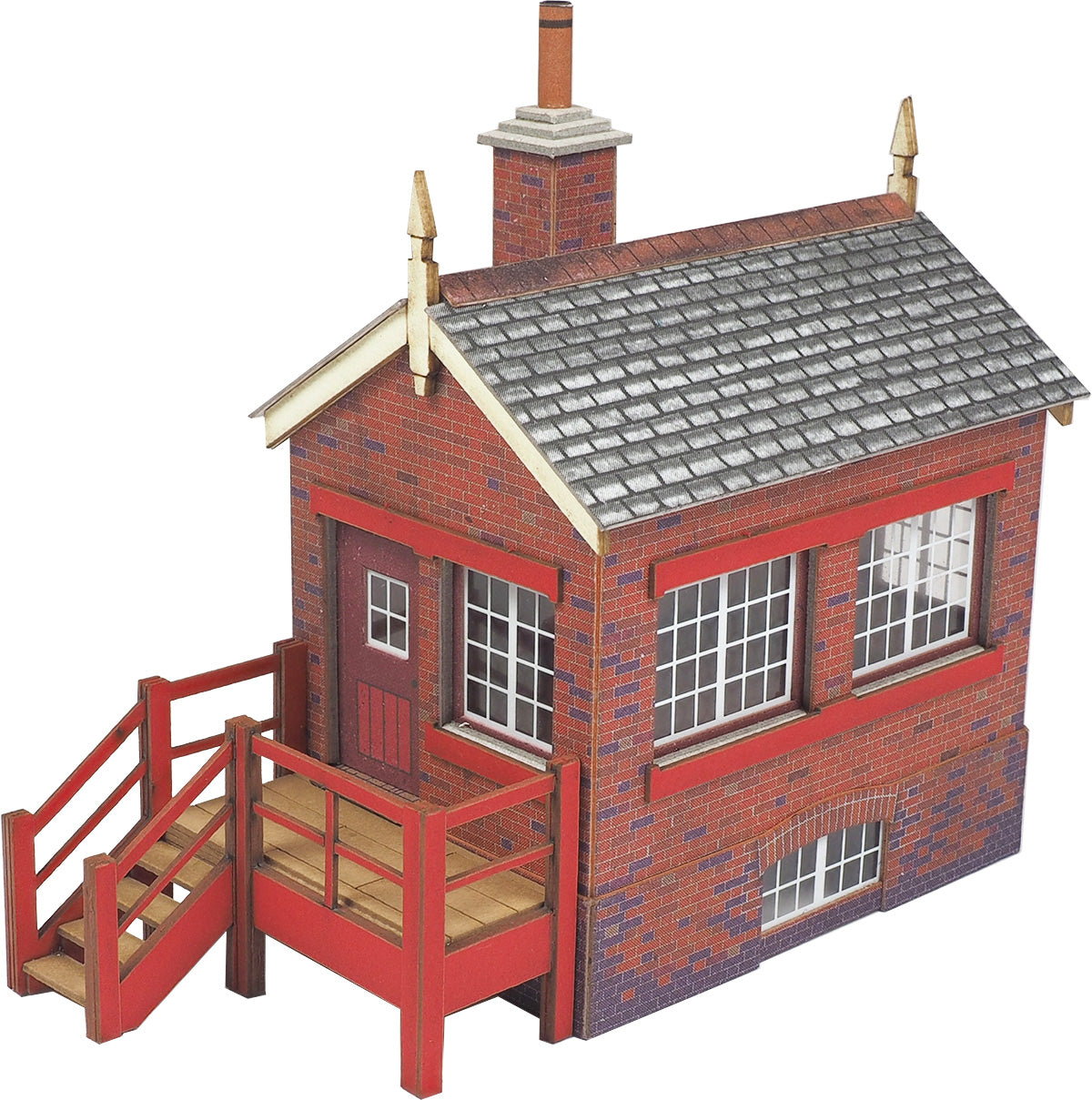 Model of a red brick signal box  building with a grey roof on a white background