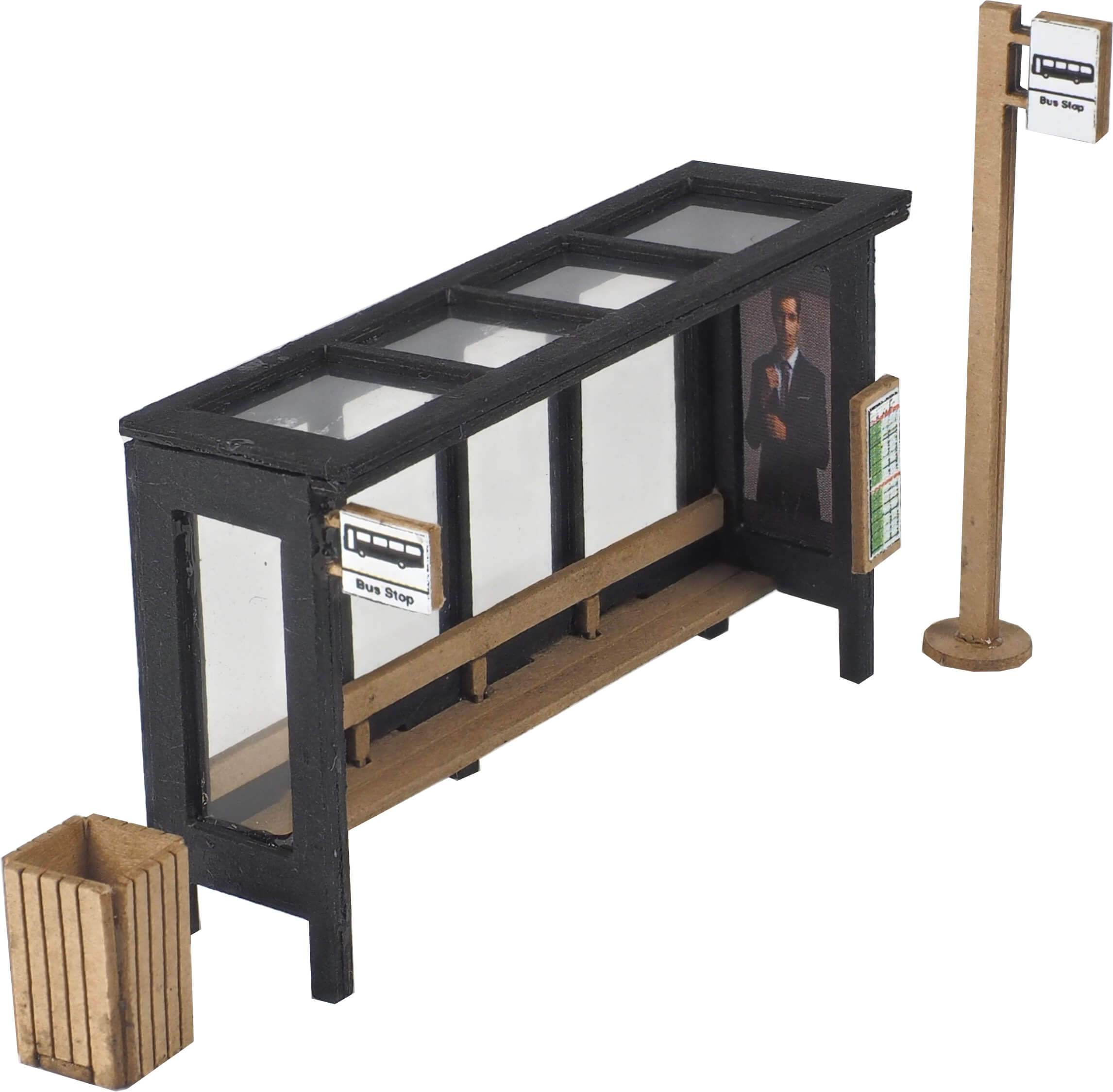 Model of a bus stop with bench, trash can, and sign on a white background