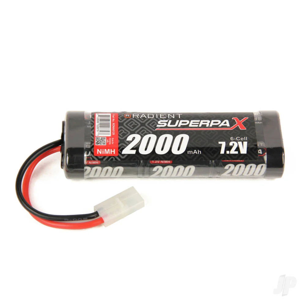 A 2000 mAh 1.2V Superpa X NiMH battery by Radiant, featuring a black and red label with white text, a black and red wire lead, and a Tamiya connector, shown on a white background.