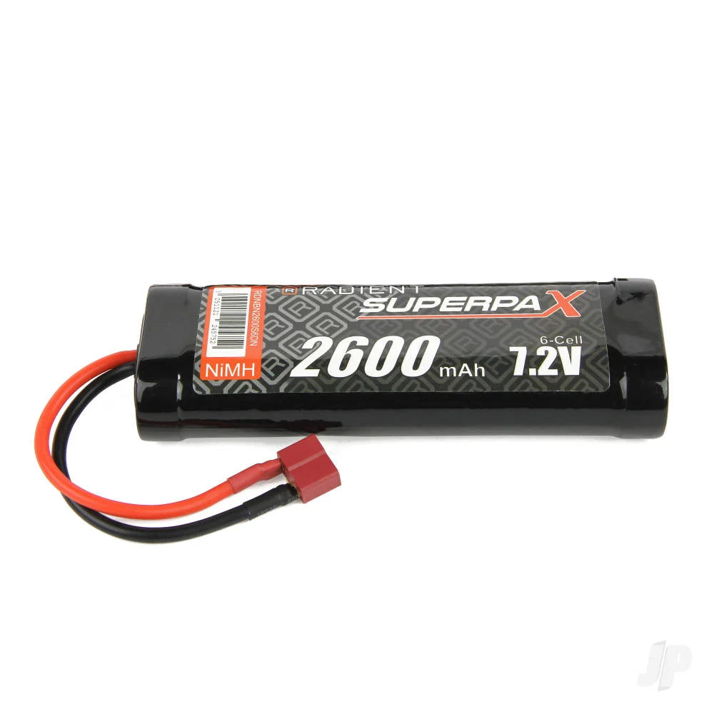 A 2600 mAh 1.2V SuperpaX NimH battery with a black casing, featuring red and black wires with a red Deans connector, on a white background.