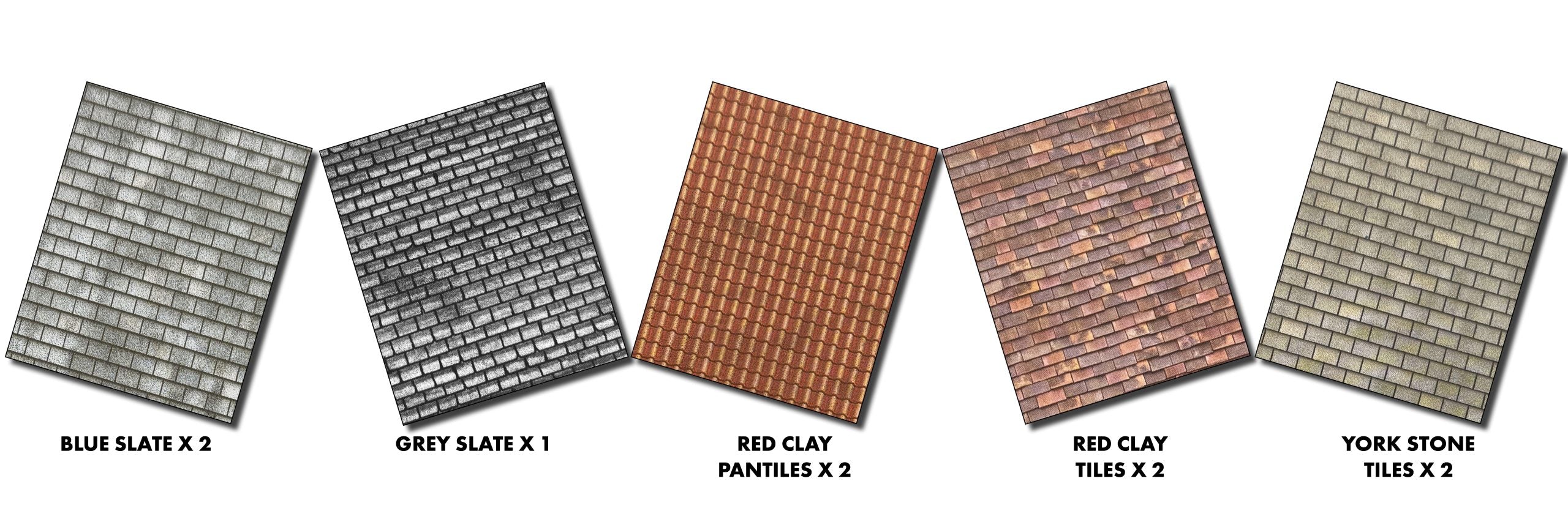 Collection of roofing tiles in different colors and patterns.