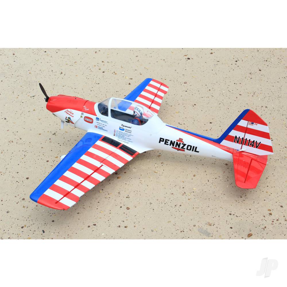 Model airplane with American flag design and Pennzoil branding on a beige surface
