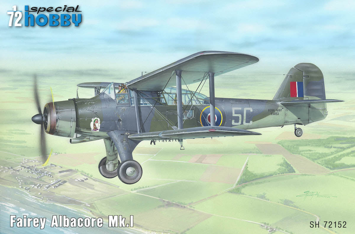 Special Hobby 72152 Fairey Albacore Mk.I model kit box front cover art, showing a detailed illustration of the biplane aircraft flying over a green field landscape.