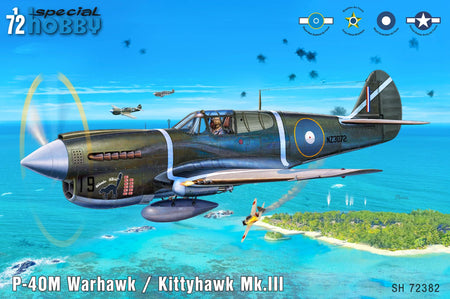 P-40M Warhawk/Kittyawk Mk.111 Plastic Model airplane shown on a marine background 
