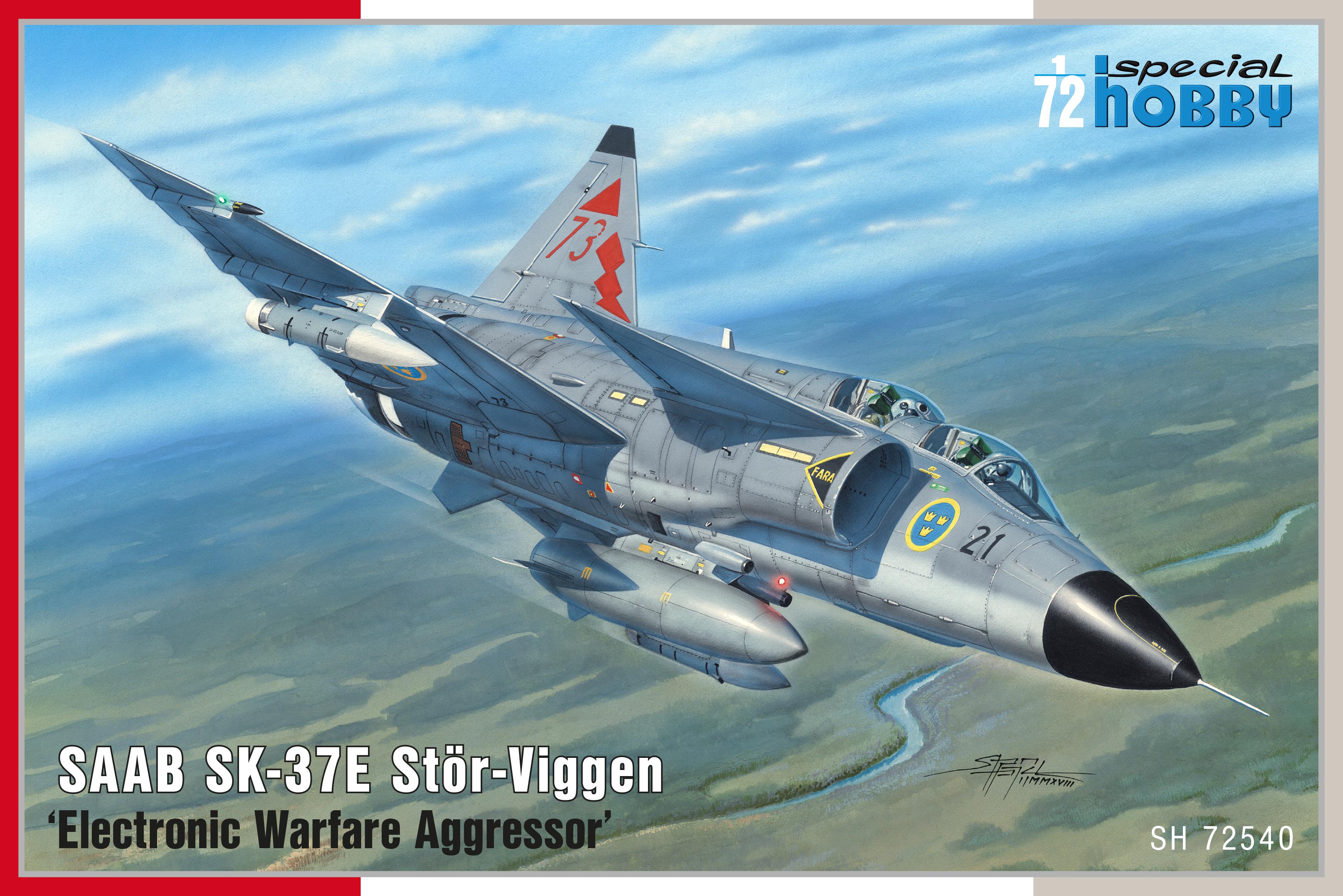 Special 1:27 Hobby model kit box for the SAAB SK-37E Stör-Viggen 'Electronic Warfare Aggressor' aircraft, showing a detailed illustration of the gray fighter jet flying over a landscape.