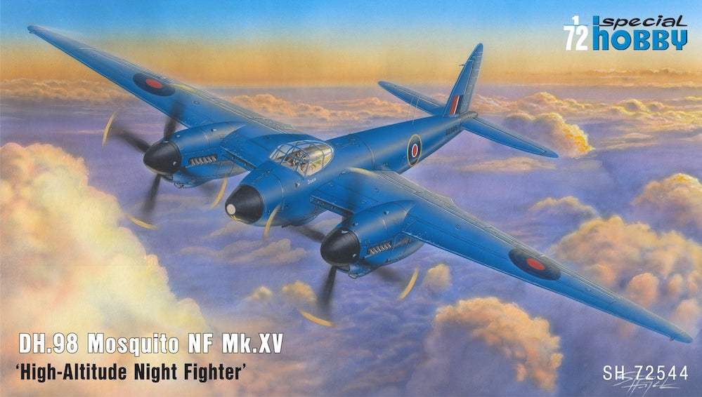 Model airplane of DH.98 Mosquito NF Mk.XV in flight with Special Hobby branding.